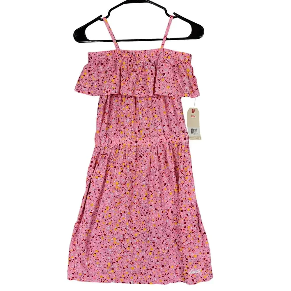 Levis Ruffle Dress L Kids Girl Cold Shoulder Floral Pink Tiered Midi 12-13yr NEW